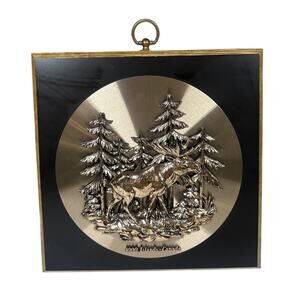 Vtg 3D Moose Trees Wall Plaque Wood Copper‎ A&F 1000 Islands Canada Cabin Decor
